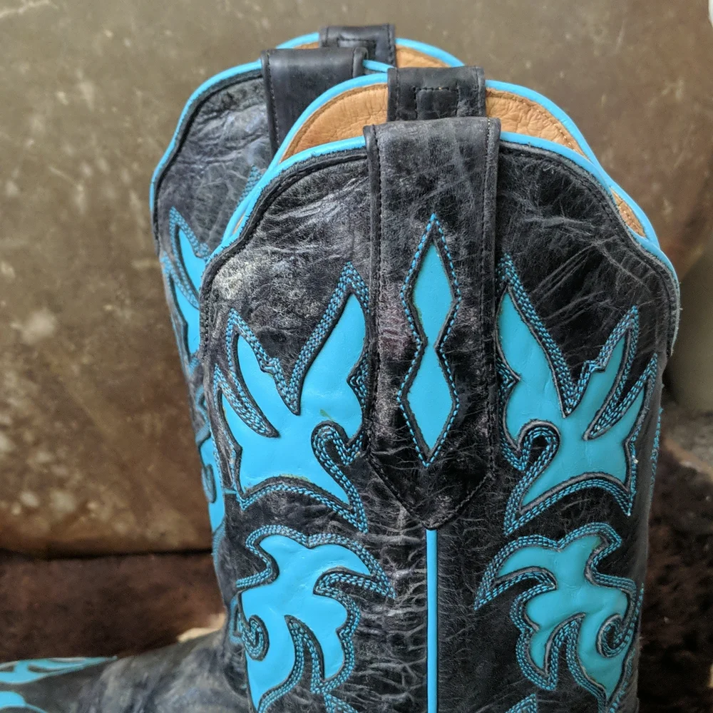 JOHNNY RINGO E1385 charcoal gray & turquoise wing tip boots square toe sz 6.5B - Picture 10 of 16